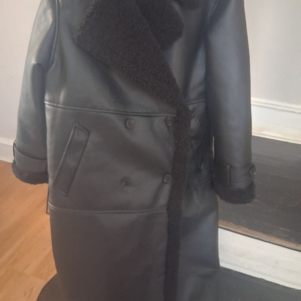 Black Faux Leather Coat with Shearling Collar - Picture 4 of 5